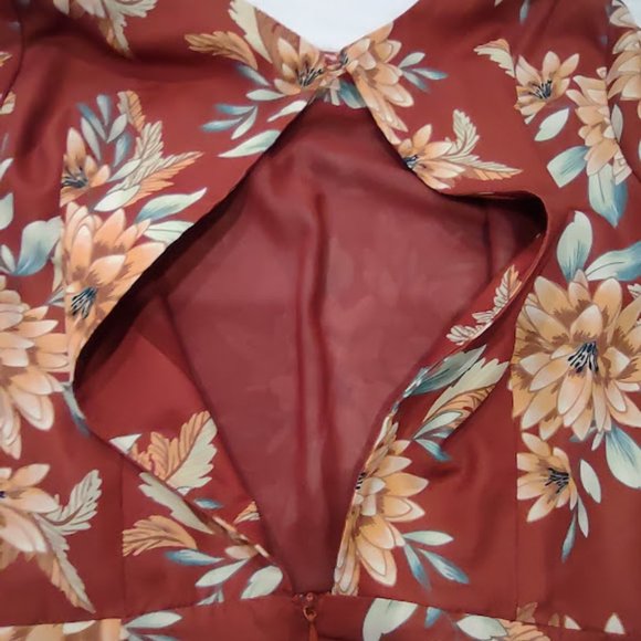 FOREVER 21 RUST WITH TAN AND YELLOW FLORAL PRINT LONG SLEEVE MIDLENGTH DRESS S - Picture 7 of 12